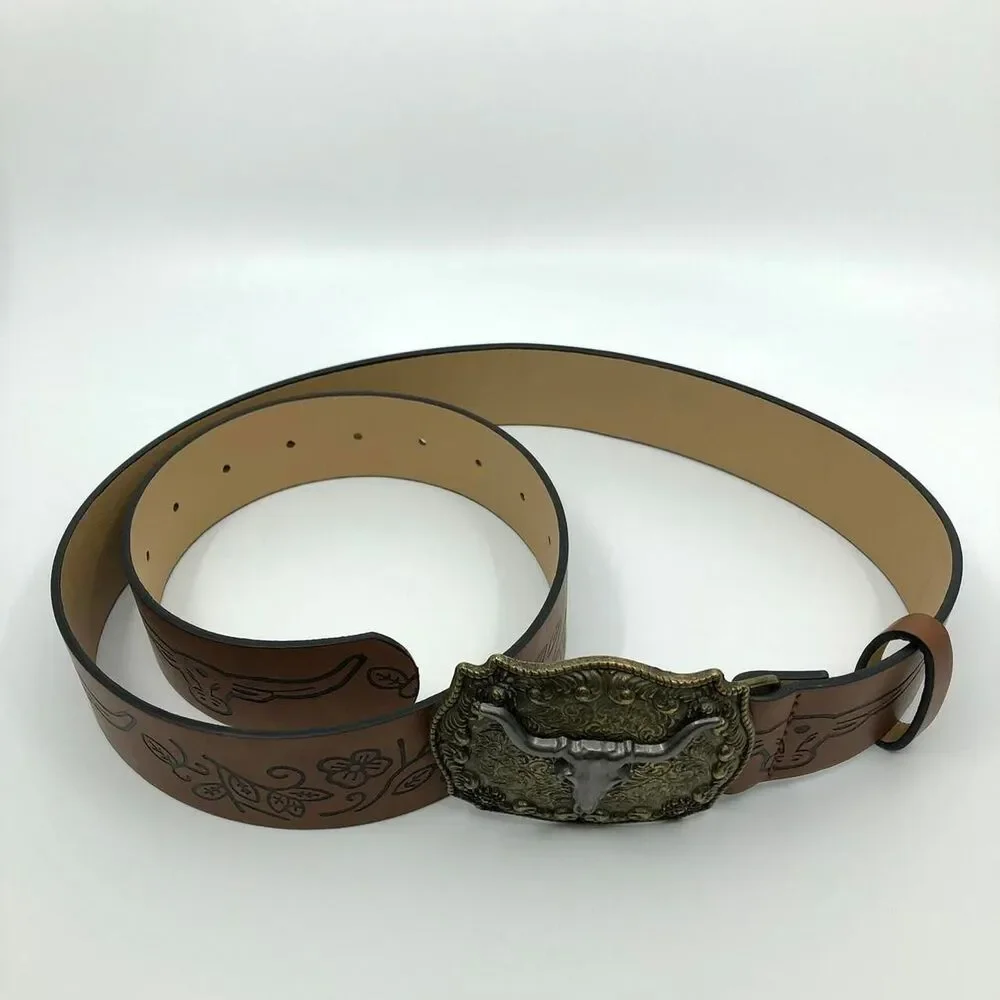 Women's Western Brown Belt w/ Big Longhorn Buckle, 31.5–40.5 Inches, X7G9A796